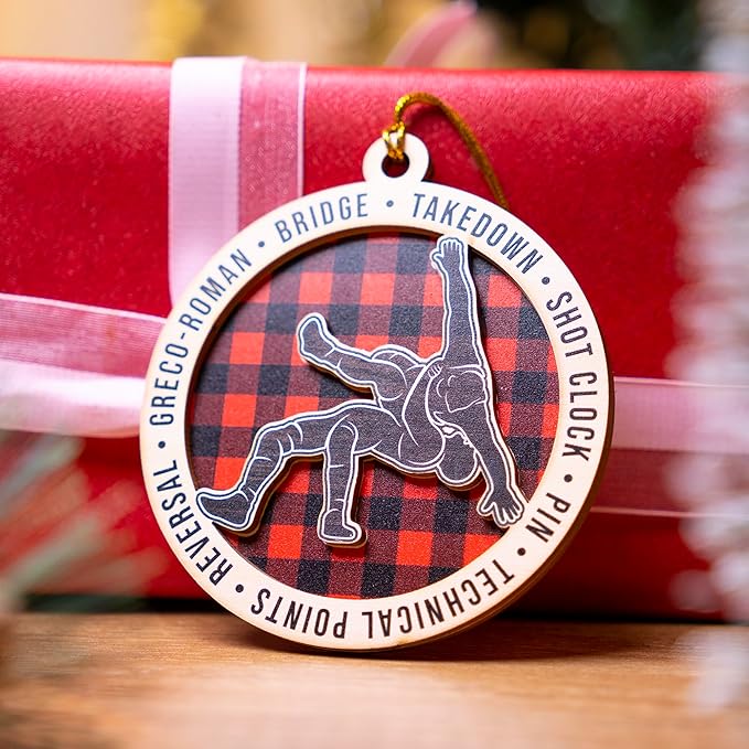 Wrestling Ornament 2025 – Wooden Christmas Ornament for Wrestlers, 2-Layer Rustic Plaid Wrestling Christmas Tree Decoration, Wrestling Gifts for Men