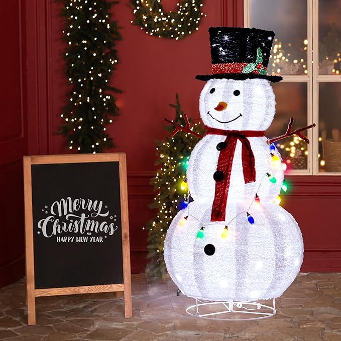 VINGLI 4FT Pop up Snowman Christmas Decorations, Outdoor Snowman Lighted with Tall Hat, Cute Branch Hands for Xmas, Snowman Ornaments with Pre-lit Lights Decor for Indoor Yard Lawn Porch, Plug in