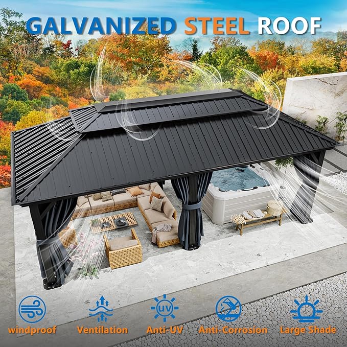 HOTEEL 12x20 Hardtop Gazebo on clearance with Metal Roof & Drainage System, Heavy Duty Galvanized Steel Gazebo with Aluminum Frame, Privacy Curtains and Netting, for All-Weather, Black (2025 Upgraded)