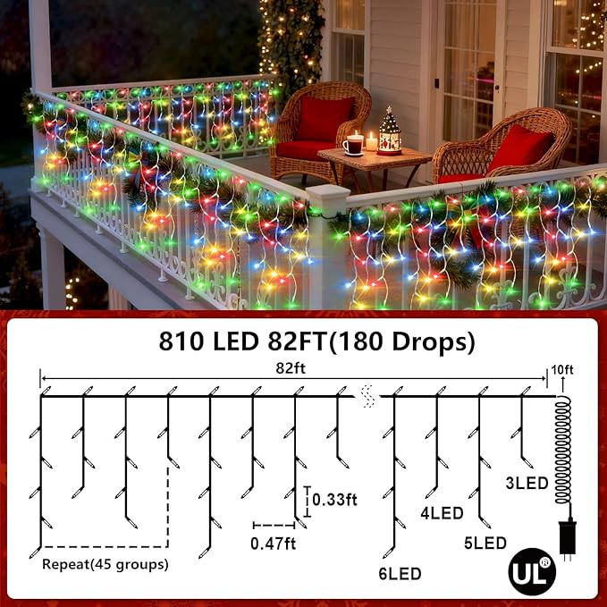 810 LED Christmas Lights Outdoor Indoor, 82ft Multicolor String Lights with 180 Drops, 12 Modes Dimmable Curtain Lights with Timer, Waterproof Twinkle Fairy Lights for Bedroom Window Xmas Decor