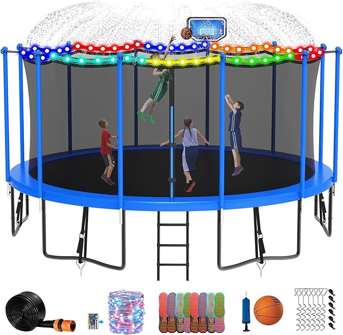 DeepRoar 2026 Upgraded 8FT 10FT 12FT 14FT 15FT 16FT Outdoor Tranpoline for Kids, Big tranpoline with Basketball Hoop, Lights, Sprinkler & Socks, Heavy Duty tranpoline 1500LB, ASTM Approved Tranpoing
