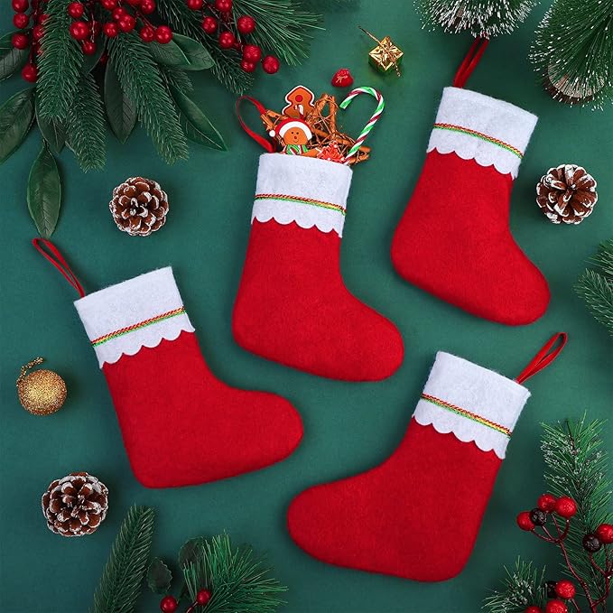 ANVAVO 24 Pack Christmas Stockings 9 Inch Red Felt Xmas Stockings Christmas Tree Hanging Ornaments for Xmas Wall Fireplace Door Window Decorations