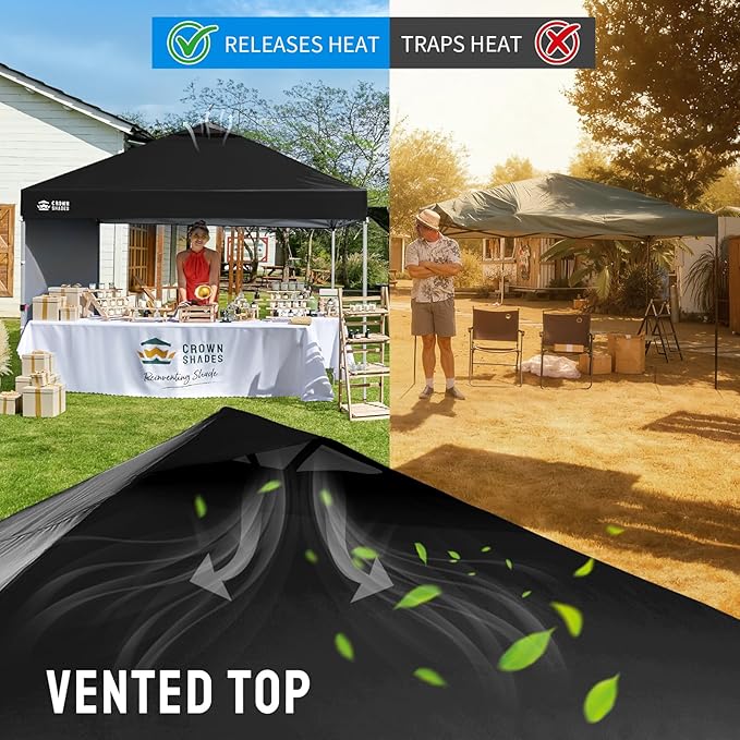 CROWN SHADES 12x12 Pop Up Canopy Tent Instant Commercial with 150D Silver Coated Fabric Including 1 Removable Sidewall, 4 Ropes, 8 Stakes, Weight Bags, STO 'N Go Bag, Black
