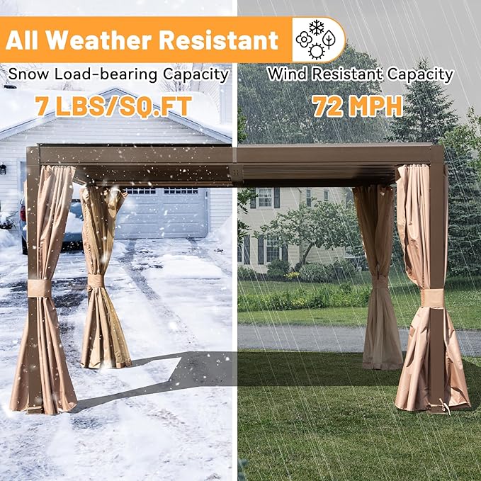 Louvered Pergola 10 x 12 FT, Aluminum Outdoor Pergola with Independent Adjustable Rainproof Top, Built-in Gutter System, Hardtop Patio Metal Pergolas for Deck Garden Backyard -Brown