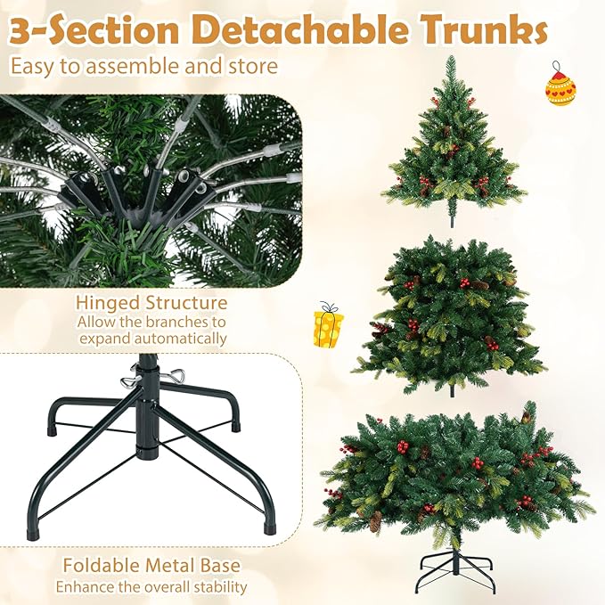 GOFLAME 6FT Pre-lit Artificial Christmas Tree, Hinged Xmas Tree with Remote and App Control, 370 Color & Mode Changing RGB Lights, Timer, 1054 Branch Tips, Pine Cones and Red Berries