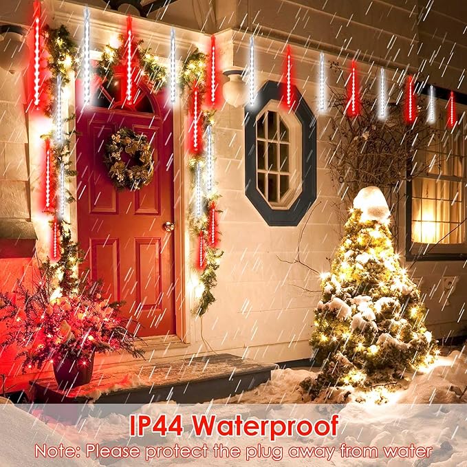 2 Pack Christmas Decorations Lights Outdoor, Extendable Meteor Shower Lights with Timer, Total 384LED 30cm 16 Tubes Indoor Outdoor Snow Cascading String Light for Xmas Party Yard Decor (Red and White)
