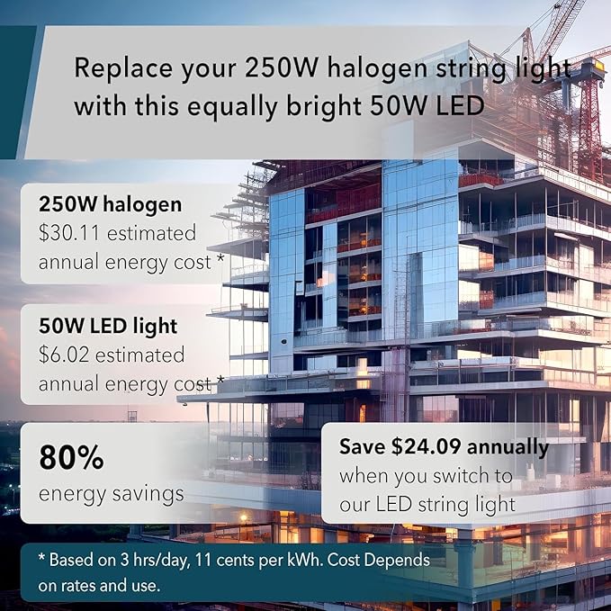 GT-Lite 50FT LED Work Light 50W 5000 Lumen Damp Rated Construction String Lights Linkable for Jobsite Lighting, 5000k Daylight White, ETL Listed (5 Light Heads)