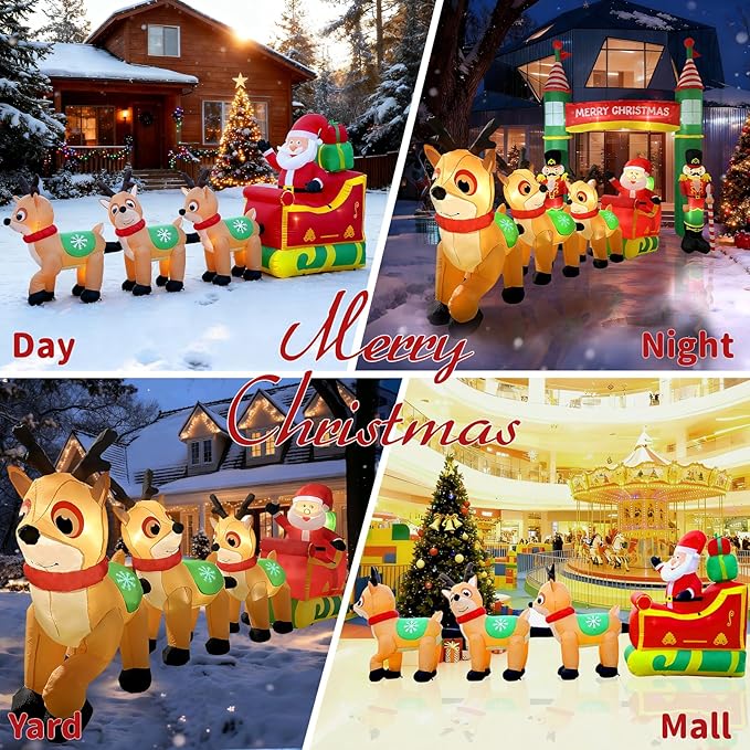 12FT Christmas Inflatables Outdoor Decorations, Santa Claus on Sleigh with 3 Reindeers,Reindeers Pulling Santa's Sleigh with Gift Boxes, Built in LED Lights for Christmas Party Decor, Yard,Garden Lawn