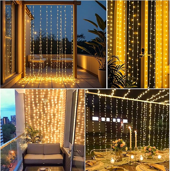 Vigdur Led Curtain String Lights, 2 Packs 8FT Window Fairy Lights for Bedroom with 210 Warm LEDs, Hanging Twinkle Indoor String Light for Party Wedding Garden Wall Decor(8 * 7ft)