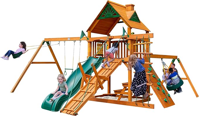 Gorilla Playsets 01-0004-AP Frontier Wood Swing Set with Wood Roof, Tire Swing, Two Belt Swings, Picnic Table, Sandbox, Rock Climbing Wall, Amber
