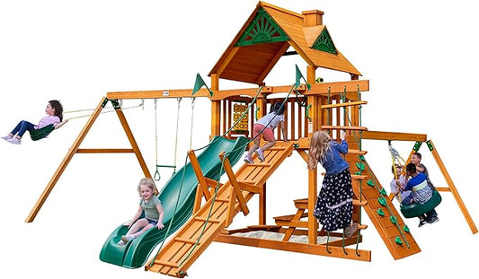 Gorilla Playsets 01-0004-AP Frontier Wood Swing Set with Wood Roof, Tire Swing, Two Belt Swings, Picnic Table, Sandbox, Rock Climbing Wall, Amber