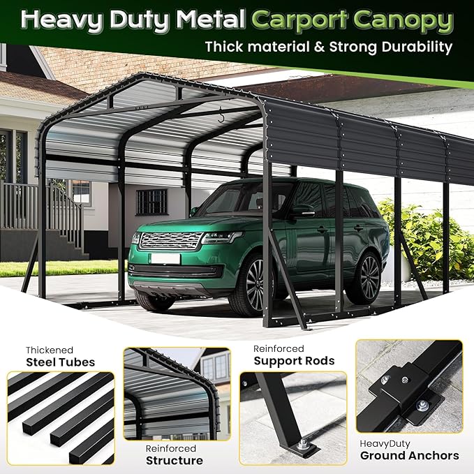 12x20FT Metal Carport, Heavy Duty Car Garage w/Reinforced Support Rods and Windproof Ground Anchors, All-Weather Multi-Use Outdoor Shelter for Car, Boats and Truck