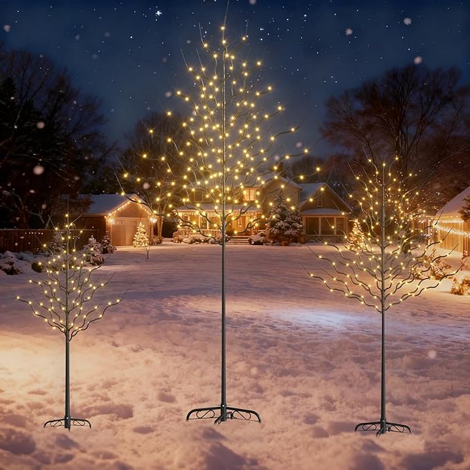 Outdoor Christmas Decorations Lighted Tree Set of 3, Light Christmas Tree Including 4 feet, 6 feet, and 8 feet, Christmas Tree Decorations with Warm White LED, Black Metal Branch for Holiday