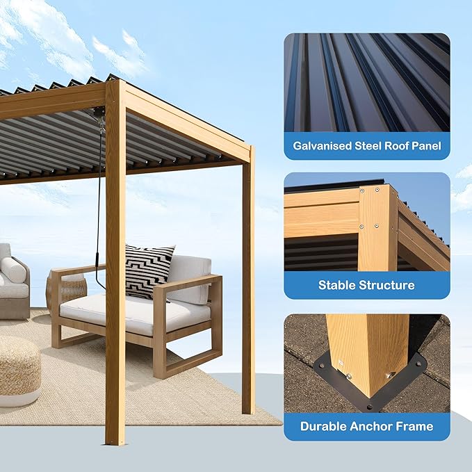 10’ x 10’ Louvered Pergola, Outdoor Pergola Aluminum Frame with Adjustable Rainproof Metal Roof, Permanent Sun Shade with Drainage System for Backyard, Garden and Lawn (Wooden Grain)
