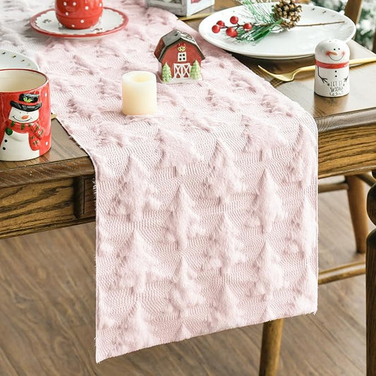 Artoid Mode Christmas Trees Pink Soft Plush Faux Fur Jacquard Christmas Table Runner, Holiday Kitchen Dining Table Decoration for Home Party Decor 13x72 Inch