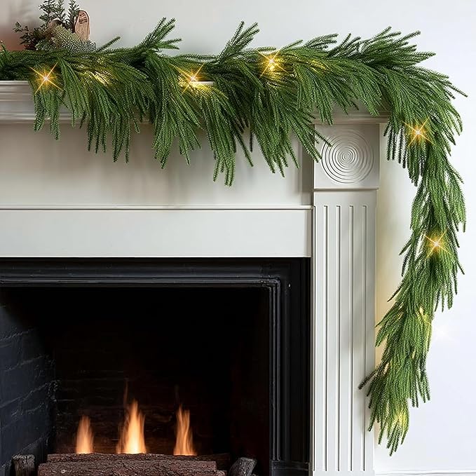 TW SHINE 9FT Pre-Lit Christmas Garland with Lights, 50 LED Lighted Artificial Norfolk Pine Garlands, Christmas Decorations for Indoor Outdoor Mantle Stairs Fireplace Decor, Warm White