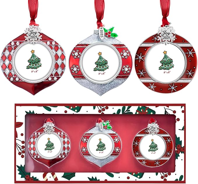 2025 Christmas Tree Ornaments 3 Piece Picture Frame Hanging Ornament Decorative Holiday Keepsake Gift Snowflake Pendant with 2” Photo Frame Insert for Picture of Pet (3 Piece Gift Set)