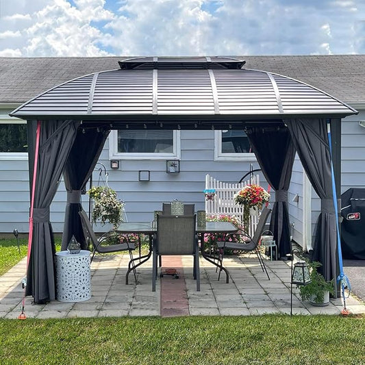 10' x 12' Hardtop Gazebo Outdoor Aluminum Gazebo Arc Grill for Patios Deck Backyard,Galvanized Steel Double Roof,Curtain&Netting by domi outdoor living