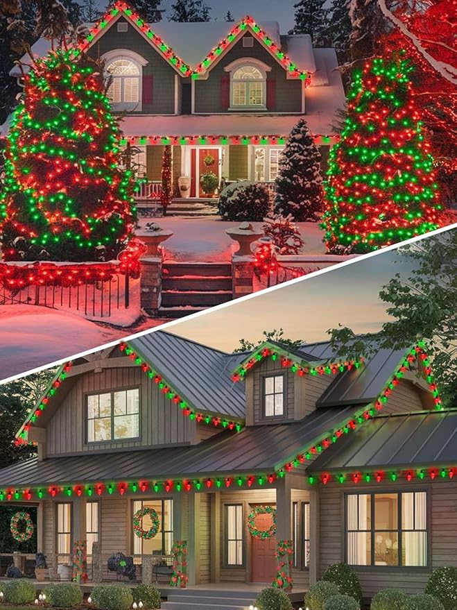 2 Pack 66FT 100LED Extendable C9 Christmas Lights Outdoor/Indoor, Waterproof Christmas String Lights Plug in, Green Wire LED Fairy Lights for Xmas Tree Garden Patio Wedding Party Decor (Red and Green)