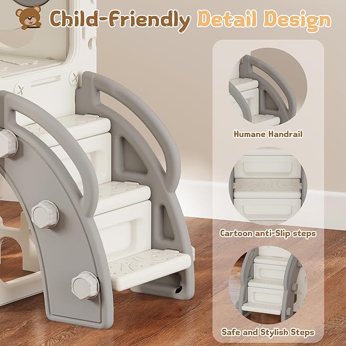 10-in-1 Toddler Slide Playset,Indoor Playground for Kids 1-3 and Toddler Outdoor playset with Golf Set, Basketball Hoop, Climbing Frame, Drawing Board and Steering Wheel, Gray & White