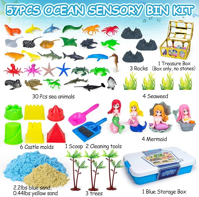 Sensory Bin, 57Pcs Ocean Mermaid Sensory Bins for Toddlers Sand Art Kit Sea Animals Molds Sandbox with Cover, Kids Play Sand Toys Playsand Birthday Valentines Gifts for Boys Girls 3-5 6 7+