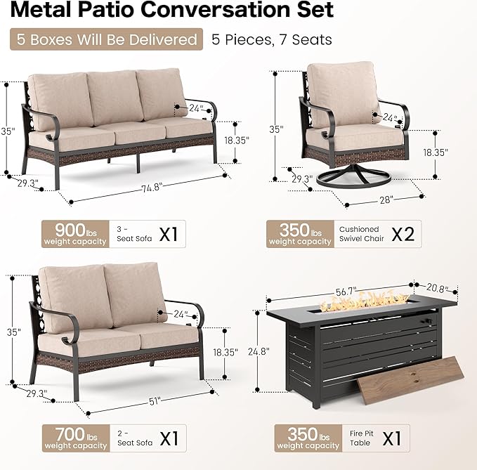 5 Piece Metal Outdoor Patio Furniture Sets with Firepit Table, Patio Conversation Sets 1 3-Seater Sofa, 1 2-Seater Loveseat, 2 Swivel Sofa with 5.75" Cushion for Backyard Deck, Beige