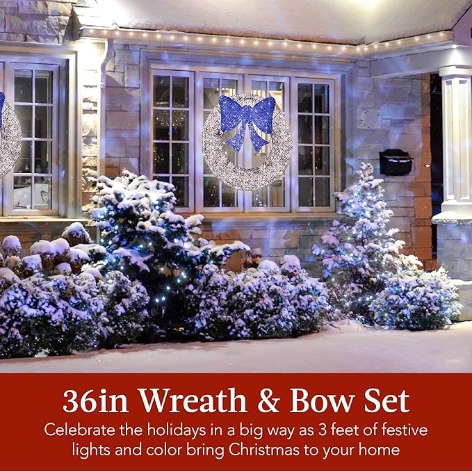 Best Choice Products 36in Pre-Lit Outdoor Christmas Wreath Decoration, LED Metal Holiday Decor for Home w/ 120 Lights, Bow - Hanukkah Silver/Blue