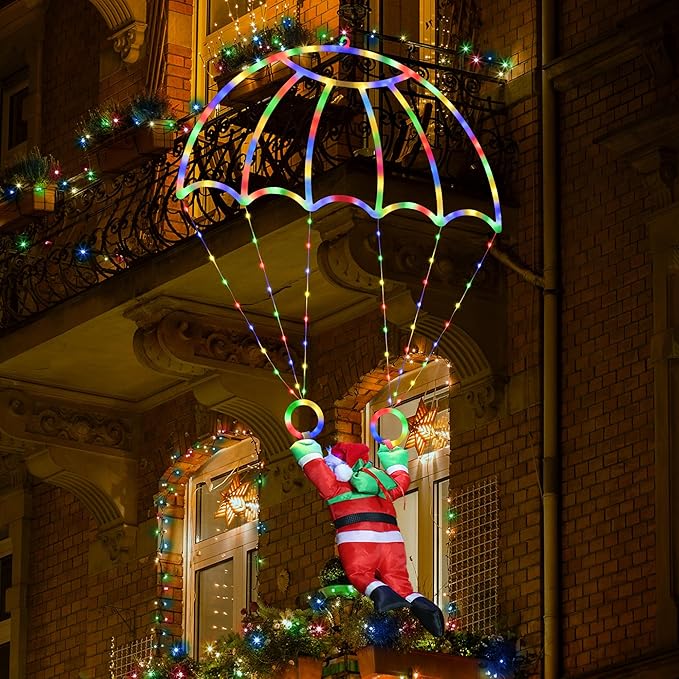 Christmas Decorations Lights Outdoor, 2.8ft LED Christmas Parachute Light with Santa Claus, 8 Modes & Timer Battery Operated Hanging Xmas Lights for Roof Eave Balcony Home Garden Decor (Multicolor)