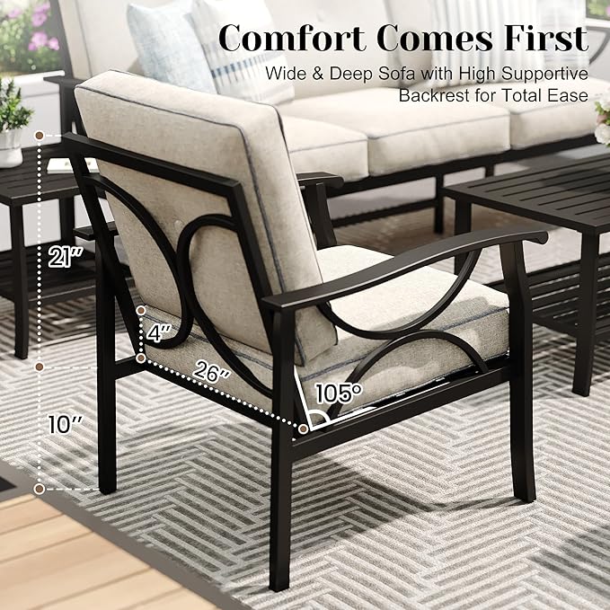 Outdoor Patio Furniture Set, 3 Pieces Metal Patio Conversation Set with Side Table for Garden Porch Backyard, Black