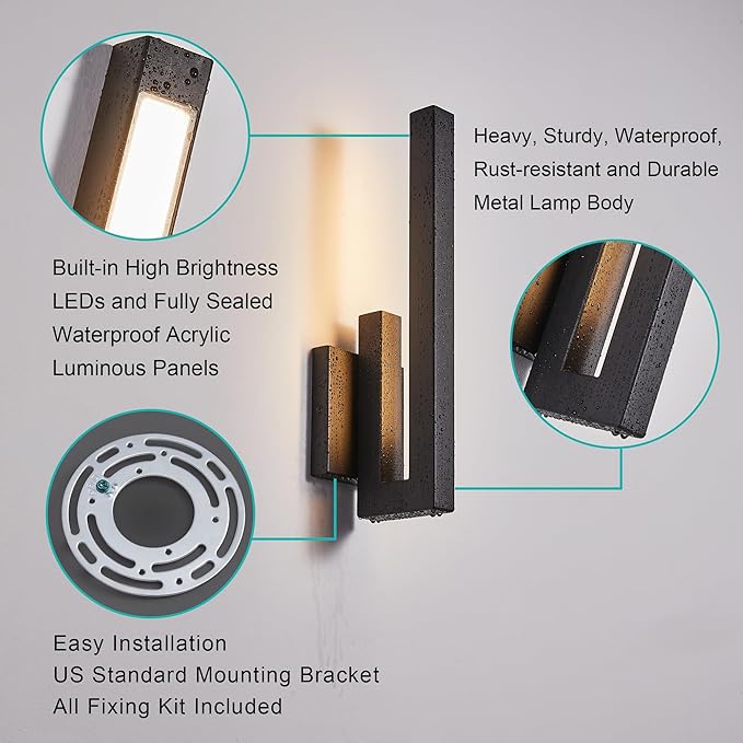 15" Ht Modern Minimalist Linear Outdoor Wall Light,3000K 13W Integrated LED,Textured Black Anti-Rust Metal,Wet Rated for Exterior House, Porch & Patio,Garage,Yard Front Door,Garden.