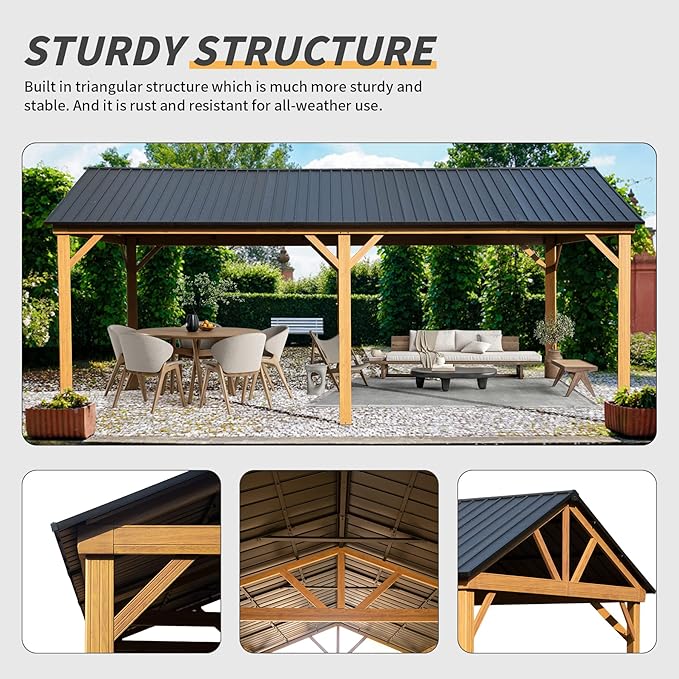 Domi 12’ x 20’ Hardtop Gazebo, Wooden Coated Aluminum Frame Canopy with Galvanized Steel Gable Roof, Outdoor Permanent Metal Pavilion for Patio, Deck and Lawn