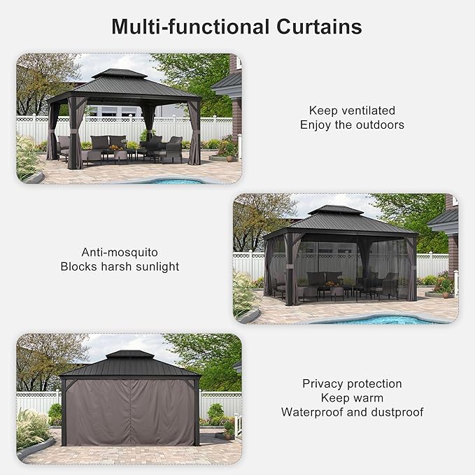 PURPLE LEAF 12' X 14' Hardtop Gazebo Aluminum Permanent Outdoor Gazebo with Galvanized Steel Double Roof for Patio Backyard Curtains and Netting Included Grey