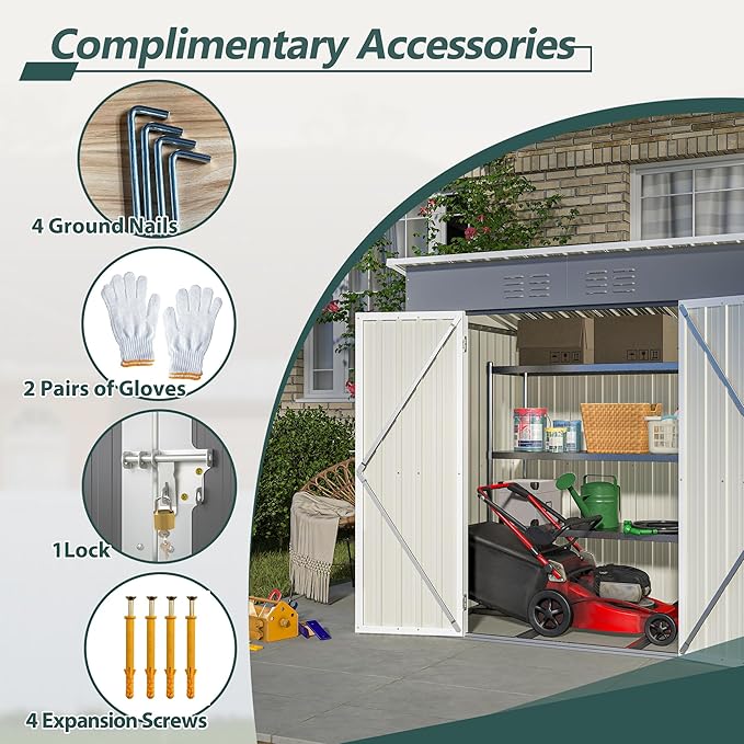 6x4 FT Outdoor Metal Storage Shed with Frame Floor & Sloping Roof, Lockable Double Door, Weatherproof Steel Garden Shed for Tools, Lawn Equipment & Patio Supplies