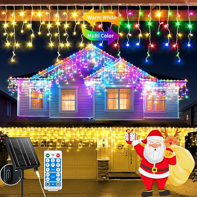 Solar Icicle Lights for Outside 66+16Ft 660LED Christmas Lights Outdoor Decorations Dual Color Changing Connectable Rechargeable Dimmable Remote Twinkle Fairy String Lights for Xmas Eaves House Roof