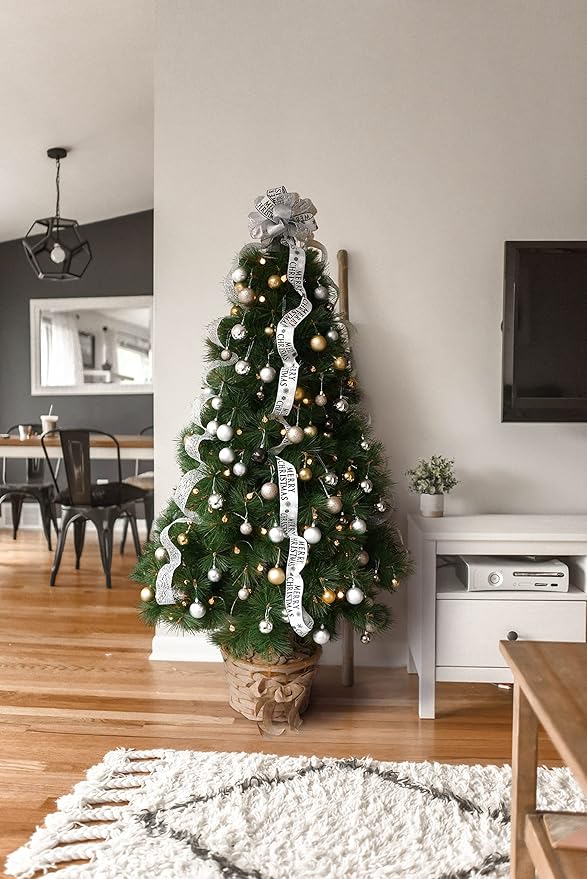 CT CRAFT LLC Silver with Black Christmas Christmas Tree Topper Bow 11" with 4 Ribbon Streamers x 3 Yards Long Each for Holidy Elegant Fancy Home Décor Indoor