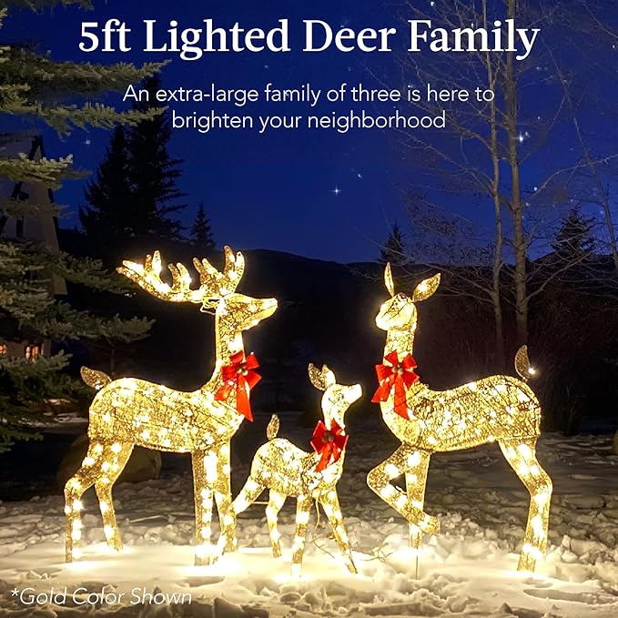 Best Choice Products 3-Piece Large Lighted Christmas Deer Family Set 5Ft Outdoor Yard Decoration with 360 LED Lights, Stakes, Zip Ties - Iridescent