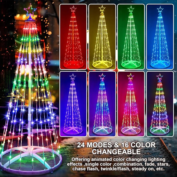 1 Pack 12FT Christmas LED Cone Tree Lights 24 Modes Color Changing with Timer Foldable Lighted Trees Waterproof Outdoor String Lights Holiday Decor for Christmas New Year Xmas Decorations