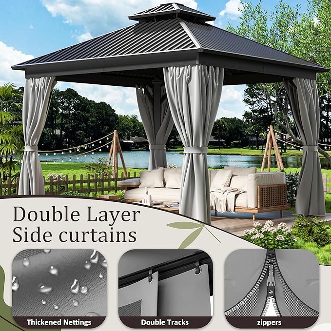 10x10 FT Gazebo Hardtop Gazebo, Aluminum Pergola with Double Galvanized Steel Roof, Curtains and Netting Included, Outdoor Gazebos Canopy for Patio, Backyard, Deck, Lawn,Grey
