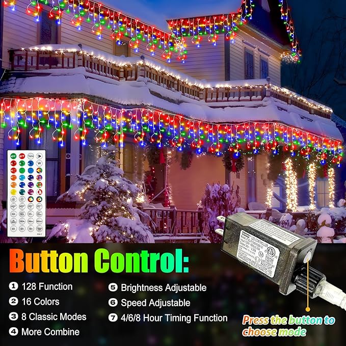 128 Functions 16 Colors Christmas Lights with 504 LED 52FT Timer Christmas Lights Outdoor 8 Modes Waterproof Plug in for Holiday Home Garden Decorations