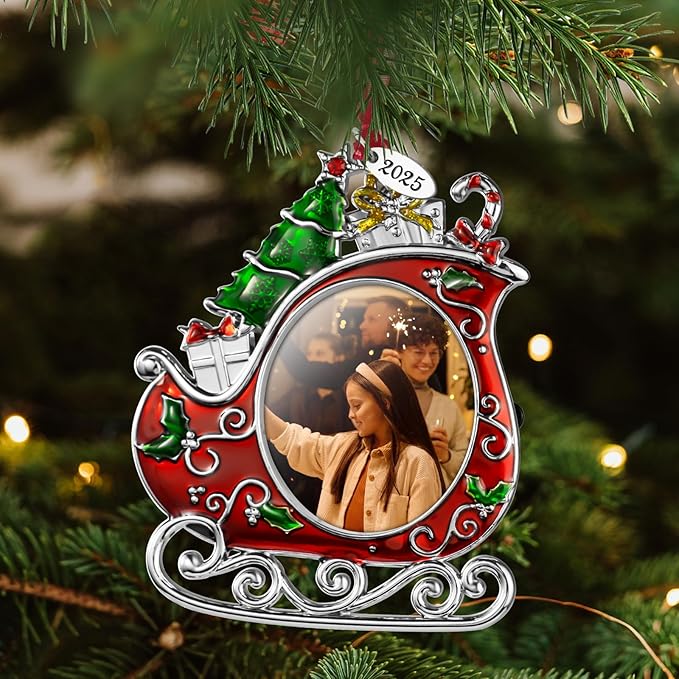 2025 Christmas Tree Ornaments 3 Piece Picture Frame Hanging Ornament Decorative Holiday Keepsake Gift Sleigh Snowman Pendant with 2” Photo Insert for Picture of Pets,Family (Christmas Set)