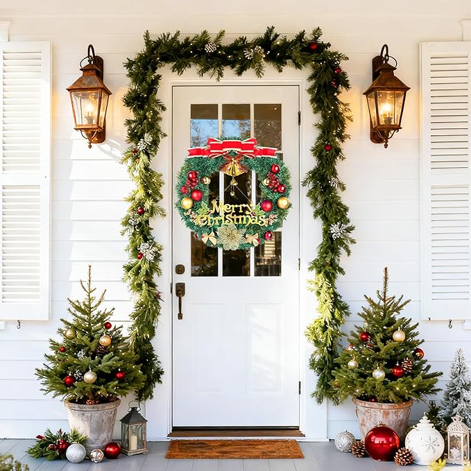 Christmas Wreaths for Front Door, Artificial Christmas Wreath with Bow, Bells, Berries, Gold Flowers and Holiday Decor Sign, Winter Wreaths for Fireplace, Windows, Wall Decor(20 Inches)