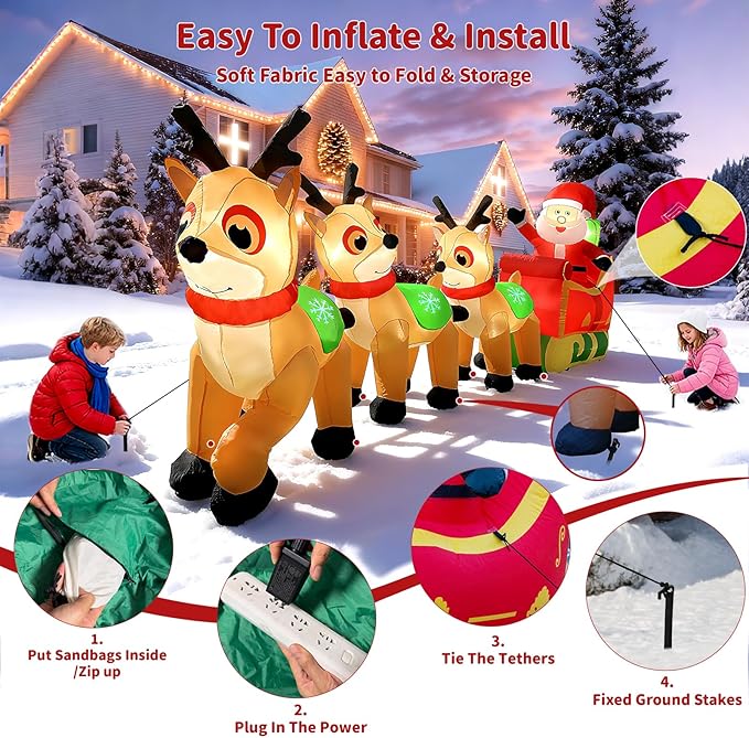 12FT Christmas Inflatables Outdoor Decorations, Santa Claus on Sleigh with 3 Reindeers,Reindeers Pulling Santa's Sleigh with Gift Boxes, Built in LED Lights for Christmas Party Decor, Yard,Garden Lawn
