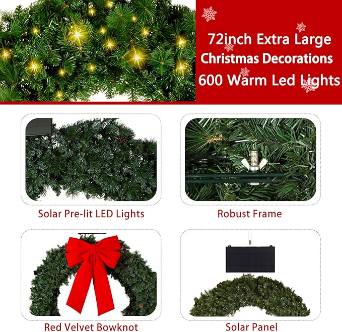 Solar Extra Large Christmas Wreath72Inch Pre-Lit Solar 600 Led Warm White Lights Holiday Artificial Decor Lighted Wreath Outdoor Store Business Garage Green Christmas Decorations (7201)