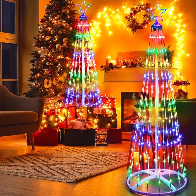 2 Pack 6FT Christmas LED Cone Tree Lights 24 Modes Color Changing with Timer Foldable Lighted Trees Waterproof Outdoor String Lights Holiday Decor for Christmas New Year Xmas Decorations