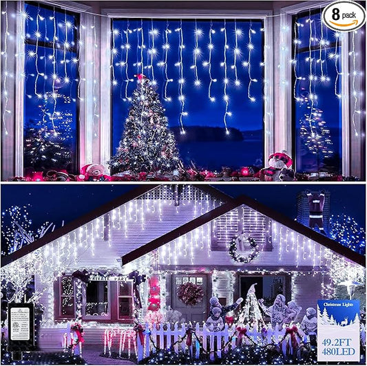 480 LED 49FT Christmas Lights Plug in 8 Modes with Timer Dimmable Ice Lights Outdoor Waterproof Indoor Ice String Lights for Roof Porch Garden Holiday Wedding Xmas Decor (Cool White)