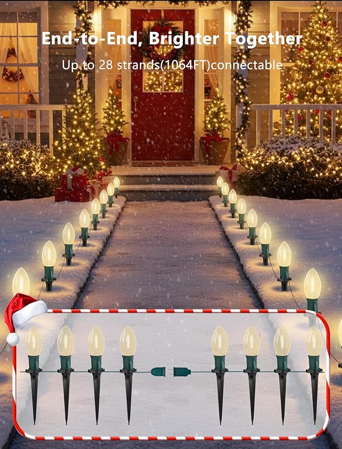 38FT LED Outdoor Christmas Pathway Lights,25 Warm White Extendable Waterproof Christmas Walkway Lights with C9 LED Bulbs and Stakes for Walkway Backyard Snowfield Christmas Decorations
