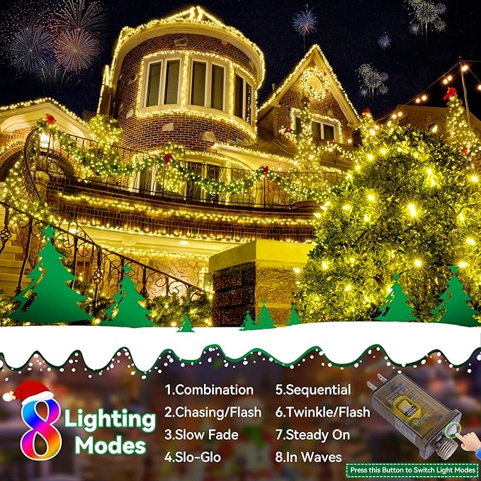 Heceltt Christmas Lights Outdoor, 522FT 1300 LED String Lights with 8 Lighting Modes, Timer Memory Twinkle Fairy Lights Waterproof Plug in for Xmas Tree Wedding Party Holiday Decor(Warm White)