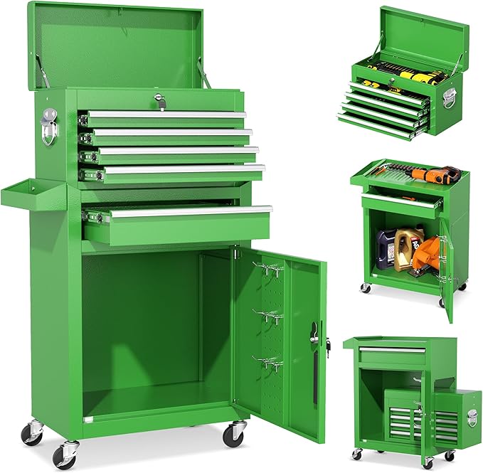 INTERGREAT Rolling Tool Chest, 5-Drawer Tool Box Organizer, Lockable Wheels & Sliding Drawers & Detachable Top, Tool Storage Cabinet for Garage Workshop (Green)