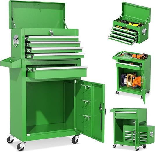 INTERGREAT Rolling Tool Chest, 5-Drawer Tool Box Organizer, Lockable Wheels & Sliding Drawers & Detachable Top, Tool Storage Cabinet for Garage Workshop (Green)