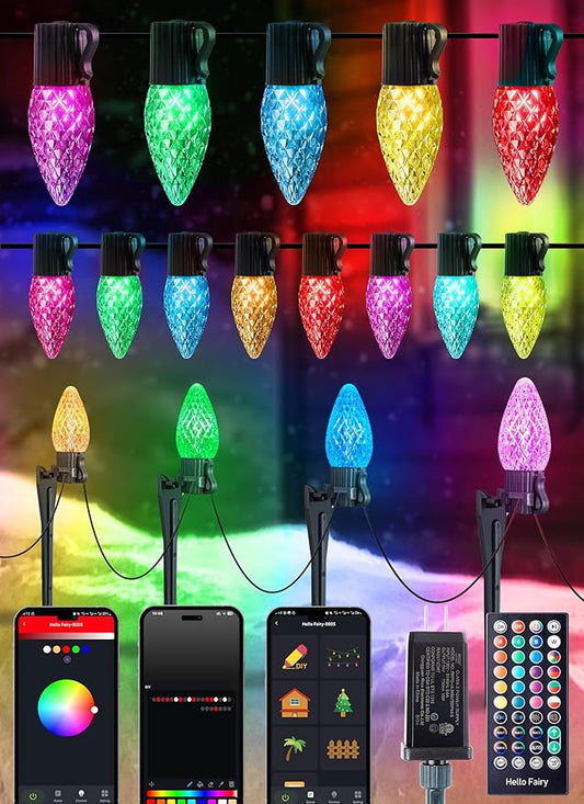Brightown Smart C9 LED Christmas Lights Outdoor House, 66Ft 100 LED RGB Christmas Pathway Lights with 58 Preset Modes, App or Remote Control, Music Sync, Memory and Timer Function for Indoor/Outside